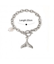 Sea Style Fish Tail and Pearl Pendant Design Wholesale Jewelry Fashion Women Stainless Steel Bracelet - Silver