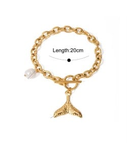 Fish Tail and Pearl Pendant Design Wholesale Jewelry Fashion Women Stainless Steel Bracelet - Golden