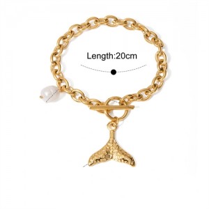 Fish Tail and Pearl Pendant Design Wholesale Jewelry Fashion Women Stainless Steel Bracelet - Golden