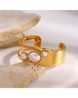 Width Hollow-out Pearl Design Wholesale Jewelry Fashion Women Stainless Steel Bangle