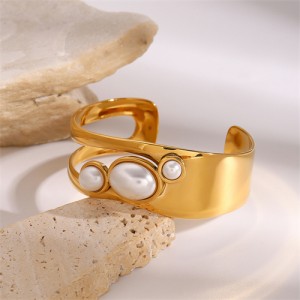Width Hollow-out Pearl Design Wholesale Jewelry Fashion Women Stainless Steel Bangle