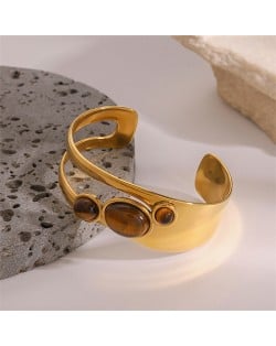Width Hollow-out Natrual Stone Design Wholesale Jewelry Fashion Women Stainless Steel Bangle
