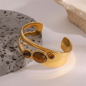 Width Hollow-out Natrual Stone Design Wholesale Jewelry Fashion Women Stainless Steel Bangle