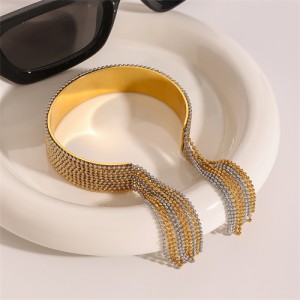 Bead Chain Tassel Unique Design Wholesale Jewelry Fashion Women Stainless Steel Bangle - Two-tone Color