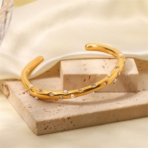 Rhinestone Pearl Decor Open-end Style Wholesale Jewelry Fashion Women Stainless Steel Bangle