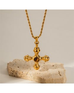 Natrual Tiger-eye Cross Pendant Fashion Women Stainless Steel Steel Wholesale Necklace - Brown