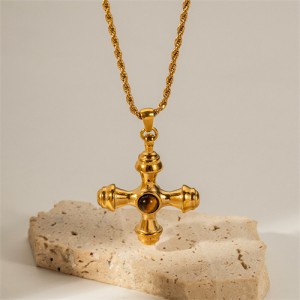 Natrual Tiger-eye Cross Pendant Fashion Women Stainless Steel Steel Wholesale Necklace - Brown