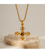 Natrual Tiger-eye Cross Pendant Fashion Women Stainless Steel Steel Wholesale Necklace - Brown