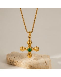 Natrual Stone Cross Pendant Fashion Women Stainless Steel Steel Wholesale Necklace - Green