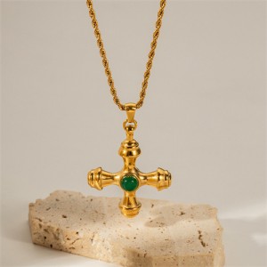 Natrual Stone Cross Pendant Fashion Women Stainless Steel Steel Wholesale Necklace - Green