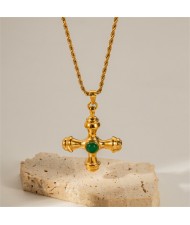 Natrual Stone Cross Pendant Fashion Women Stainless Steel Steel Wholesale Necklace - Green