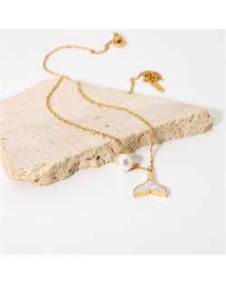 Fish Tail and Pearl Pendant Fashion Women Stainless Steel Wholesale Necklace