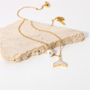 Fish Tail and Pearl Pendant Fashion Women Stainless Steel Wholesale Necklace