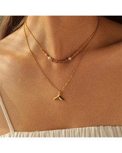 Fish Tail Pendant Bead Chain Two-layer Design Fashion Women Stainless Steel Wholesale Necklace