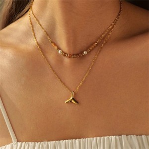 Fish Tail Pendant Bead Chain Two-layer Design Fashion Women Stainless Steel Wholesale Necklace
