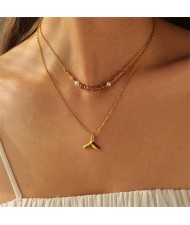 Fish Tail Pendant Bead Chain Two-layer Design Fashion Women Stainless Steel Wholesale Necklace