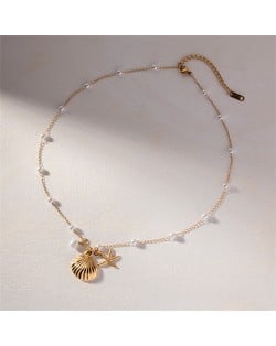 Fan Shell Starfish Pendant Pearl Chain Fashion Women Stainless Steel Wholesale Necklace