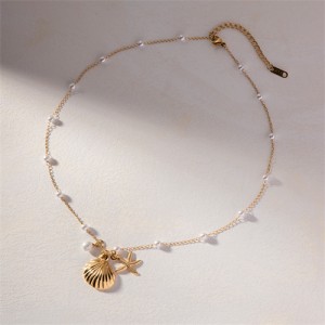 Fan Shell Starfish Pendant Pearl Chain Fashion Women Stainless Steel Wholesale Necklace