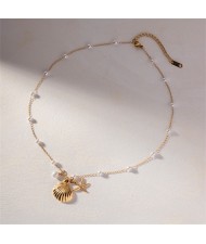 Fan Shell Starfish Pendant Pearl Chain Fashion Women Stainless Steel Wholesale Necklace