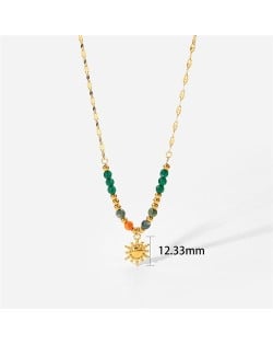 Green Beads Sun Pendant Design Fashion Women Stainless Steel Wholesale Necklace