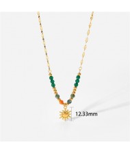 Green Beads Sun Pendant Design Fashion Women Stainless Steel Wholesale Necklace