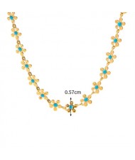 Blue Small Flowers Chain Romantic Style Fashion Women Stainless Steel Wholesale Necklace