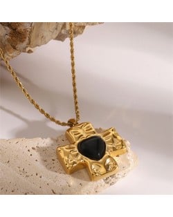 Peach Heart Cross Pendant Fashion Women Stainless Steel Wholesale Necklace - Black