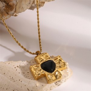 Peach Heart Cross Pendant Fashion Women Stainless Steel Wholesale Necklace - Black