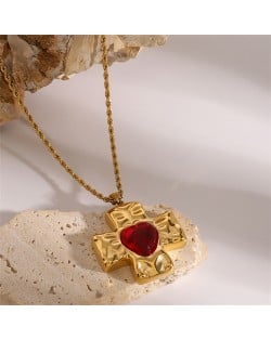 Peach Heart Cross Pendant Fashion Women Stainless Steel Wholesale Necklace - Red