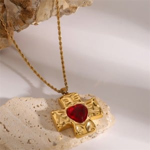 Peach Heart Cross Pendant Fashion Women Stainless Steel Wholesale Necklace - Red