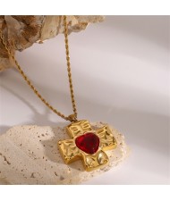 Peach Heart Cross Pendant Fashion Women Stainless Steel Wholesale Necklace - Red