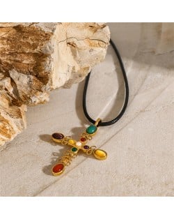 Colorful Stone Cross Pendent Long Style Fashion Women Stainless Steel Wholesale Necklace