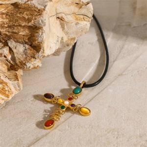 Colorful Stone Cross Pendent Long Style Fashion Women Stainless Steel Wholesale Necklace