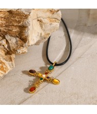 Colorful Stone Cross Pendent Long Style Fashion Women Stainless Steel Wholesale Necklace