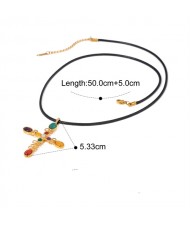 Colorful Stone Cross Pendent Long Style Fashion Women Stainless Steel Wholesale Necklace