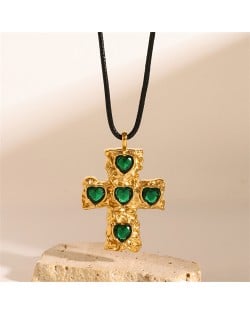 Heart Rhinestone Docor Cross Pendant Fashion Women Stainless Steel Wholesale Necklace - Green