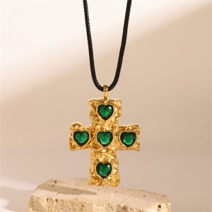 Heart Rhinestone Decor Cross Pendant Fashion Women Stainless Steel Wholesale Necklace - Green