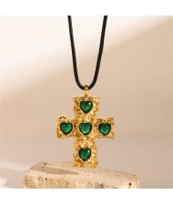 Heart Rhinestone Decor Cross Pendant Fashion Women Stainless Steel Wholesale Necklace - Green