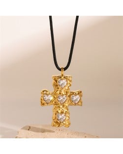 Heart Rhinestone Decor Cross Pendant Fashion Women Stainless Steel Wholesale Necklace - White