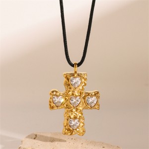 Heart Rhinestone Decor Cross Pendant Fashion Women Stainless Steel Wholesale Necklace - White