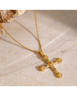 Carved Pattern Cross Pendant Long Chain Fashion Women Stainless Steel Wholesale Necklace