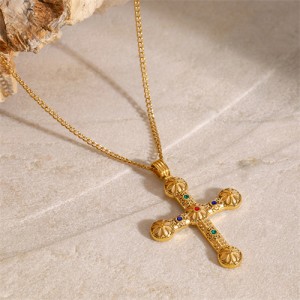 Carved Pattern Cross Pendant Long Chain Fashion Women Stainless Steel Wholesale Necklace