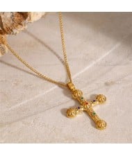 Carved Pattern Cross Pendant Long Chain Fashion Women Stainless Steel Wholesale Necklace