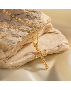 Full Cubic Zirconia Cross Pendant Fashion Women Stainless Steel Wholesale Necklace