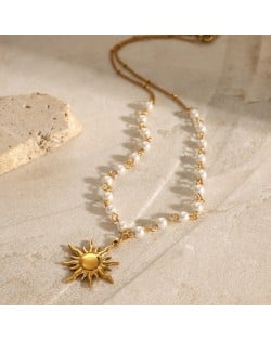 Pearl Chain Sun Flower Pendant Fashion Women Stainless Steel Wholesale Necklace