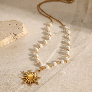 Pearl Chain Sun Flower Pendant Fashion Women Stainless Steel Wholesale Necklace