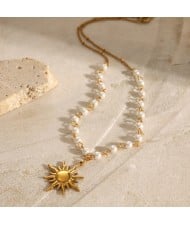Pearl Chain Sun Flower Pendant Fashion Women Stainless Steel Wholesale Necklace