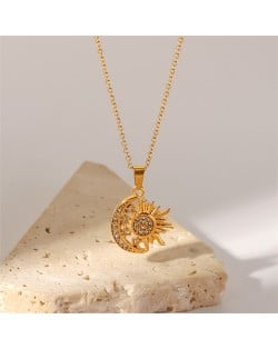 Rhinestone Decor Moon with Sun Pendant Fashion Women Stainless Steel Wholesale Necklace