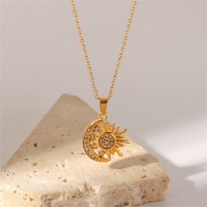 Rhinestone Decor Moon with Sun Pendant Fashion Women Stainless Steel Wholesale Necklace