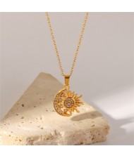 Rhinestone Decor Moon with Sun Pendant Fashion Women Stainless Steel Wholesale Necklace